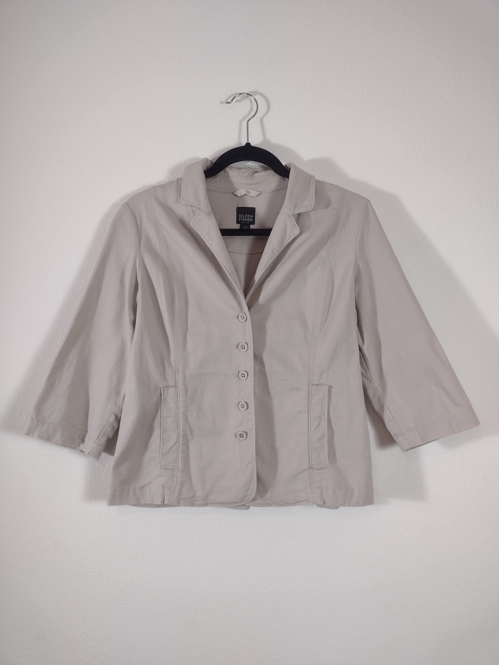 Eileen Fisher Petite Stretch Cotton 3/4 Sleeve Lightweight Blazer Khaki SP